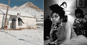 A split image showing a woman balancing on a tightrope in a snowy mountain landscape on the left, and a black-and-white portrait of a woman with locs wearing jewelry on the right.