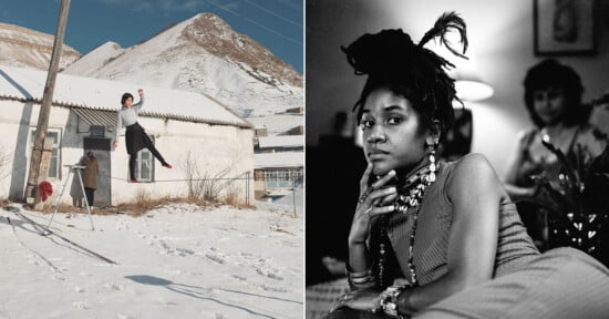 A split image showing a woman balancing on a tightrope in a snowy mountain landscape on the left, and a black-and-white portrait of a woman with locs wearing jewelry on the right.