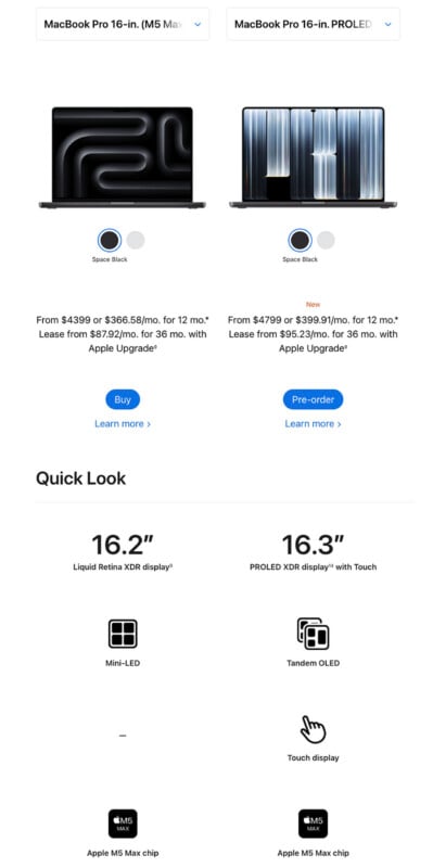 A comparison chart of two 16-inch MacBook Pro models, detailing pricing, display specifications, and chip features.