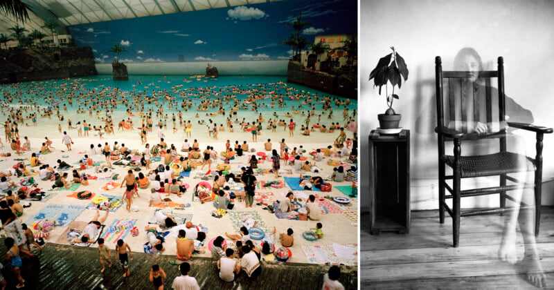 A split-screen image showing a crowded indoor beach with a painted sky backdrop on the left and a ghostly, translucent figure sitting on a wooden chair next to a potted plant on the right.