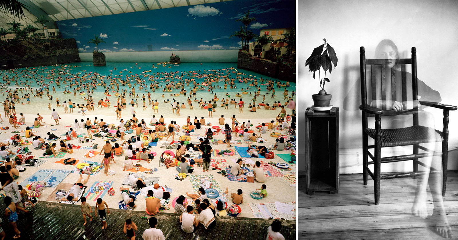 A split-screen image showing a crowded indoor beach with a painted sky backdrop on the left and a ghostly, translucent figure sitting on a wooden chair next to a potted plant on the right.