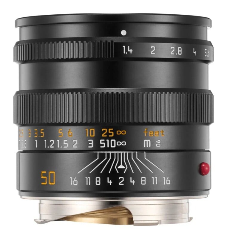 A black manual focus camera lens with aperture and distance markings, featuring a red dot on the side and a metal mount.