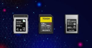 Three memory cards are arranged horizontally against a dark blue background with a digital network pattern.