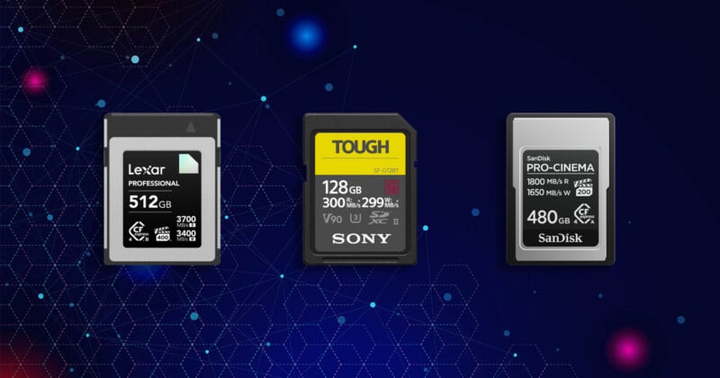 Three memory cards are arranged horizontally against a dark blue background with a digital network pattern.