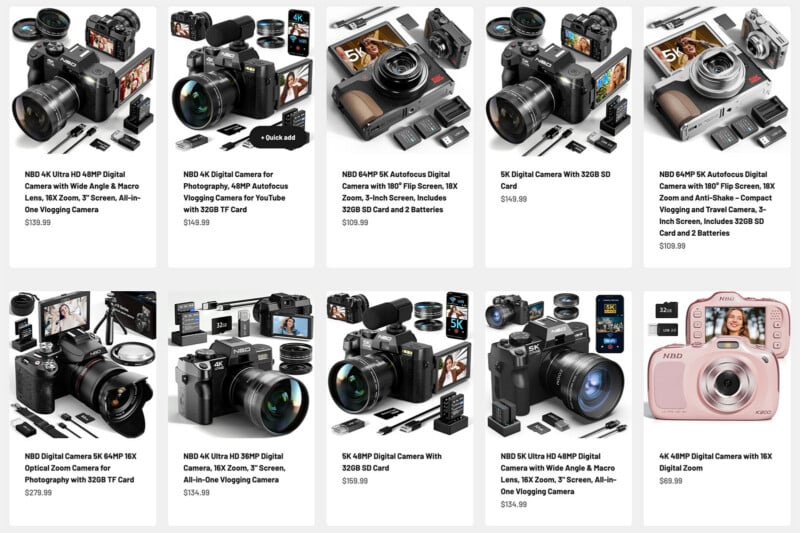 A grid of ten product listings for various NBD digital cameras, each displaying the camera, accessories, and its corresponding price.