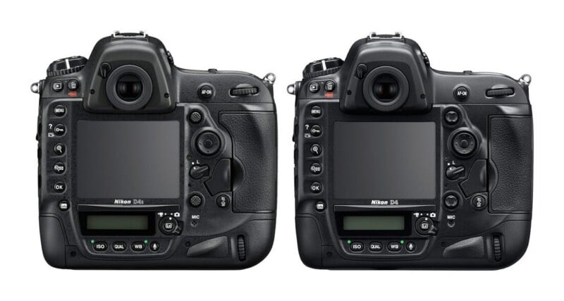 Two Nikon professional DSLR cameras shown from the rear, with the D4s on the left and the D4 on the right.
