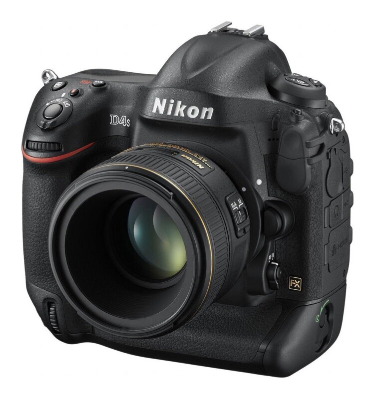 A black Nikon D4s DSLR camera with a lens attached, viewed from the front-right angle against a white background.