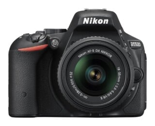 A front-facing Nikon D5500 DSLR camera with an attached 18-55mm lens against a white background.