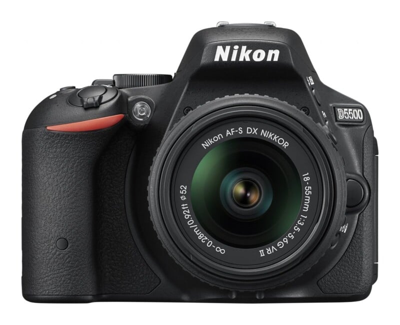 A front-facing Nikon D5500 DSLR camera with an attached 18-55mm lens against a white background.
