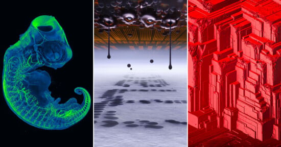 A triptych showing a glowing green zebrafish embryo, a digital rendering of dark droplets falling onto a grid, and a red geometric crystalline structure.