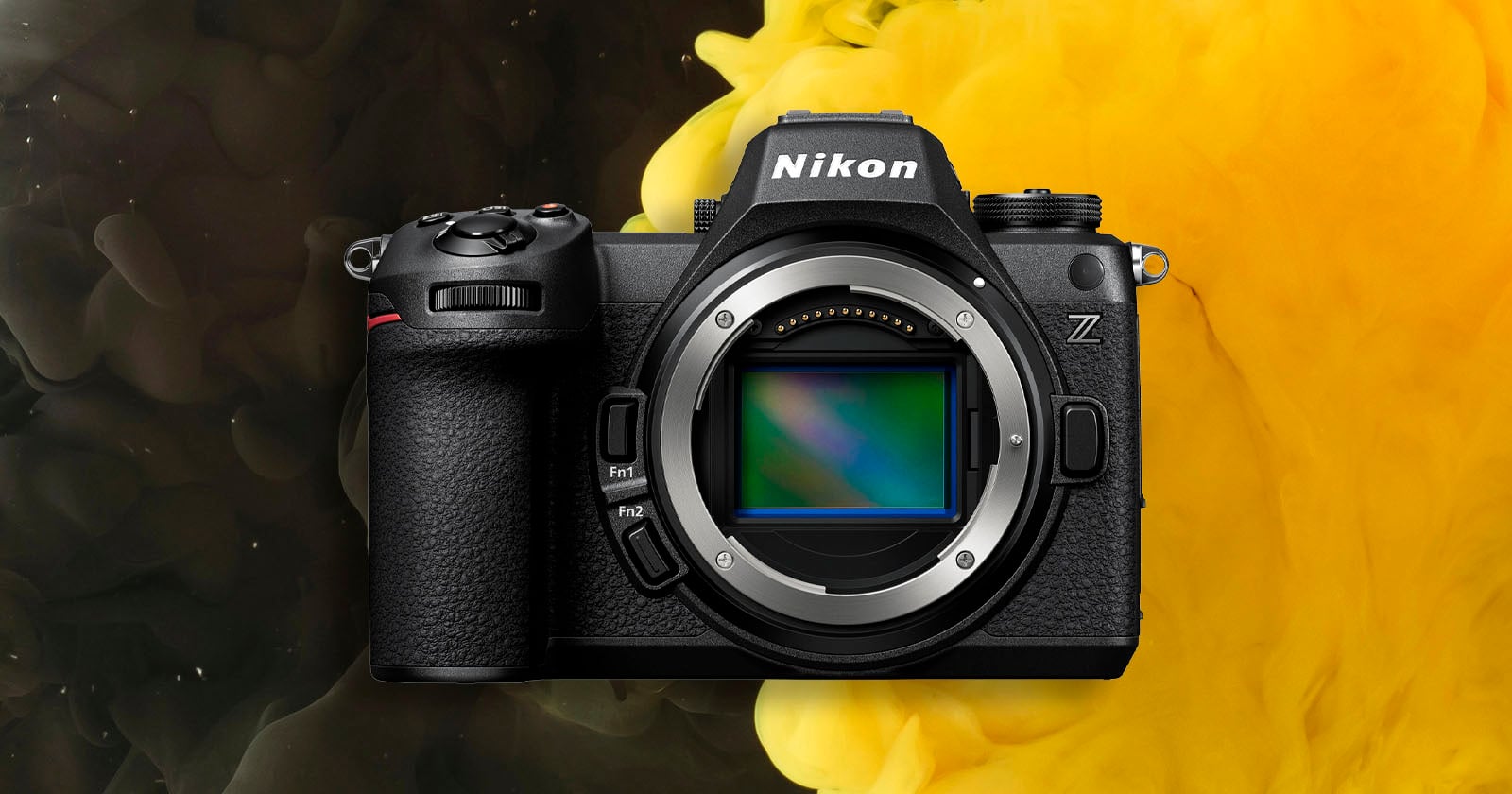 A black Nikon Z mirrorless camera body is centered against a background of swirling black and yellow ink.