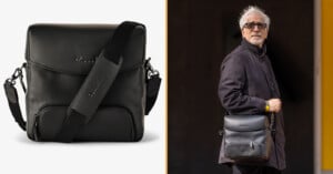 A black leather shoulder bag is shown on the left, and a man wearing the same bag over his shoulder is shown on the right.