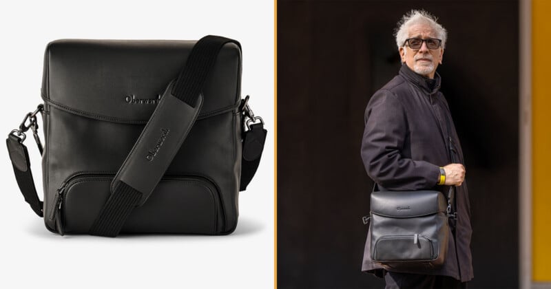A black leather shoulder bag is shown on the left, and a man wearing the same bag over his shoulder is shown on the right.