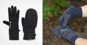 A pair of black Foxfire and OM System gloves, shown as a flat lay on the left and being worn to hold a lens cap on the right.