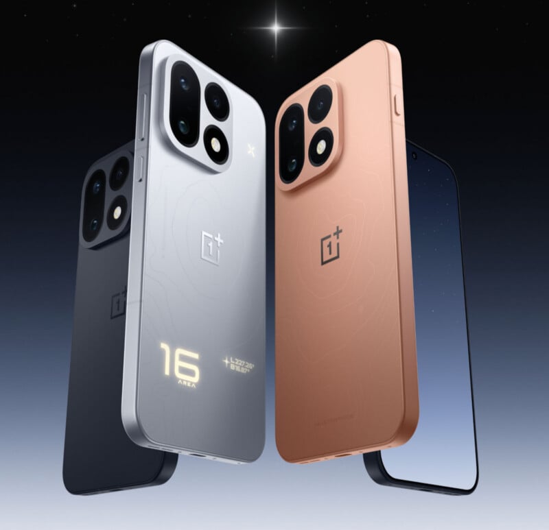 Three smartphones in black, silver, and copper colors float against a dark, starry gradient background, with the silver phone displaying the text "16 AREA" and coordinates.