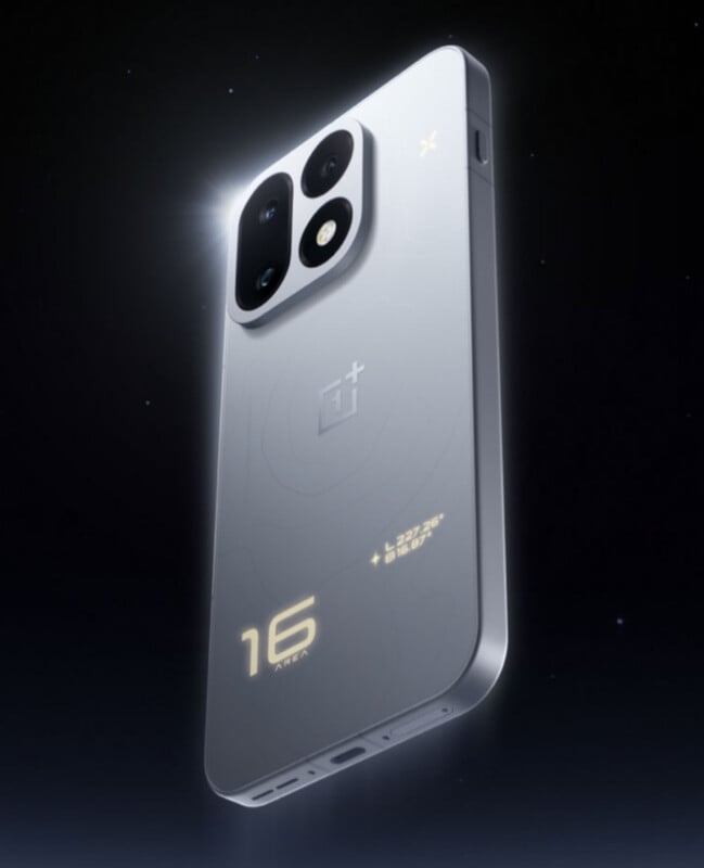 A silver smartphone floats against a dark background, featuring a triple-camera module, a OnePlus logo, and the text "16 AREA" printed on the back.