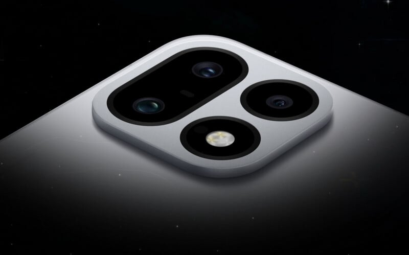 A close-up view of a smartphone camera module featuring three circular lenses and a flash, set against a dark, starry background.