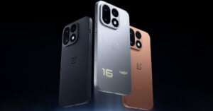 Three smartphones in black, silver, and copper are arranged against a dark background, with the silver model featuring "16 AREA" text on its back.