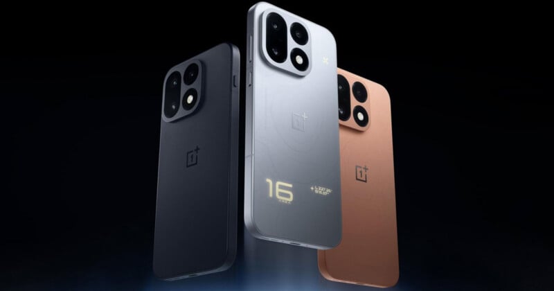 Three smartphones in black, silver, and copper are arranged against a dark background, with the silver model featuring "16 AREA" text on its back.