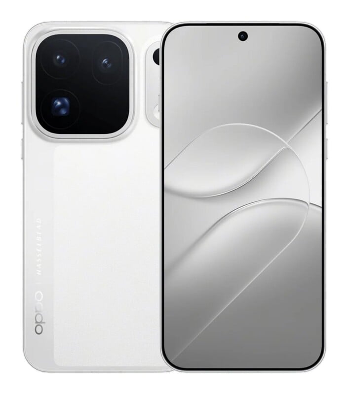 A white Oppo smartphone shown from both the front and back, featuring a triple-lens camera module and a Hasselblad logo on the rear.