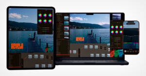 A tablet, laptop, and smartphone display the same photo editing software interface featuring a lake scene and node-based workflow.
