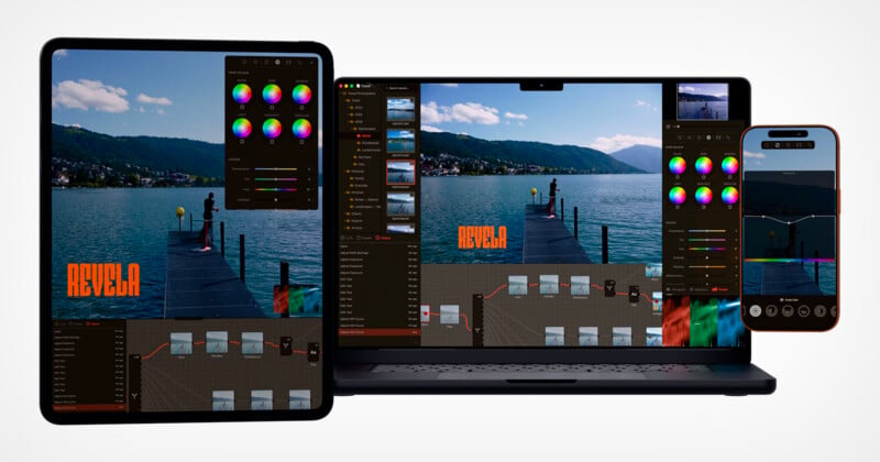 A tablet, laptop, and smartphone display the same photo editing software interface featuring a lake scene and node-based workflow.