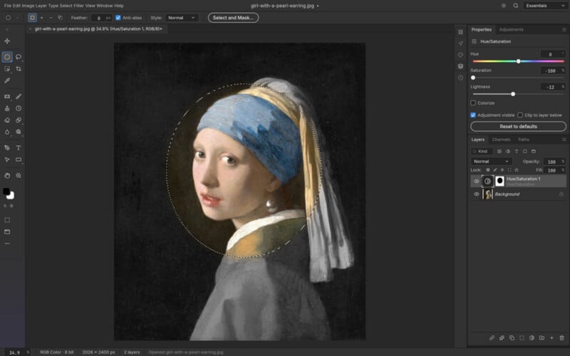 A screenshot of Adobe Photoshop showing an elliptical selection over the subject of the painting Girl with a Pearl Earring, with a Hue/Saturation adjustment layer applied to the selected area.