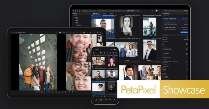 Three digital devices—a tablet, a smartphone, and a laptop—display a photo management software interface, with a "PetaPixel Showcase" logo in the bottom right.