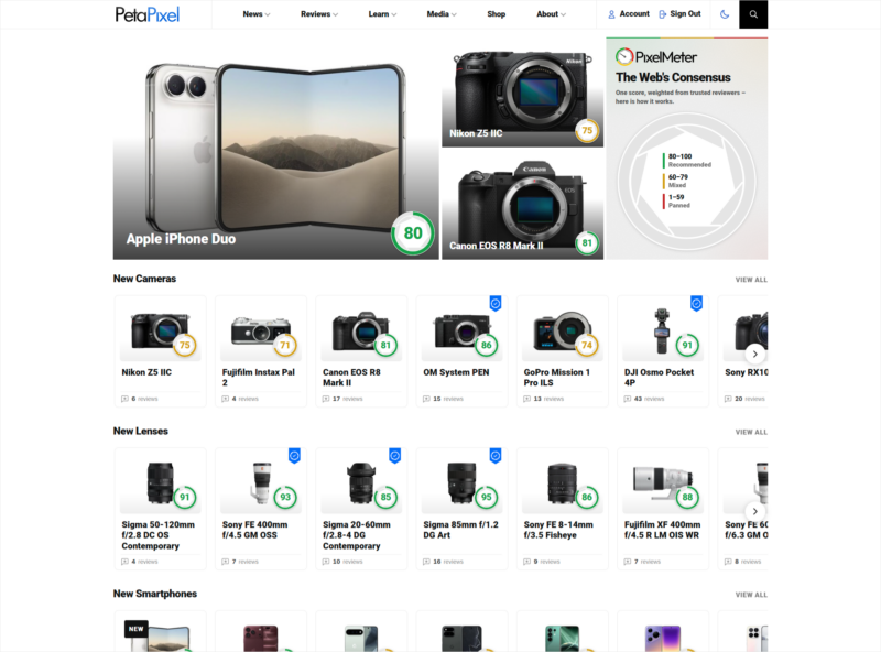A PetaPixel webpage displaying camera, lens, and smartphone reviews with numerical ratings, including featured items like the Apple iPhone Duo, Nikon Z5 IIC, and Canon EOS R8 Mark II.