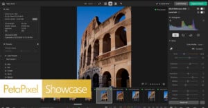 A screenshot of photo editing software displaying an image of the Colosseum under a blue sky, with adjustment sliders visible on the right.