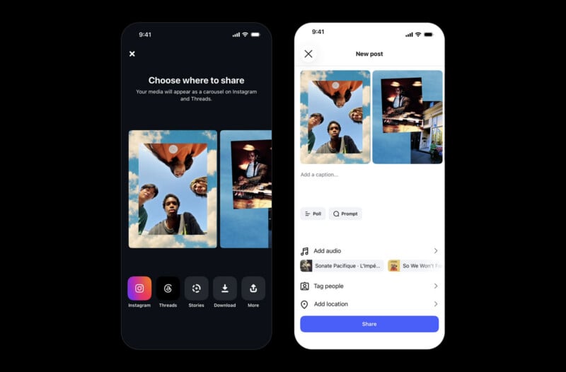 Two smartphone screens showing an app interface for sharing photo carousels to Instagram and Threads.