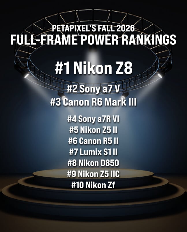 A digital graphic titled Petapixel's Fall 2026 Full-Frame Power Rankings lists ten camera models ranked from one to ten.