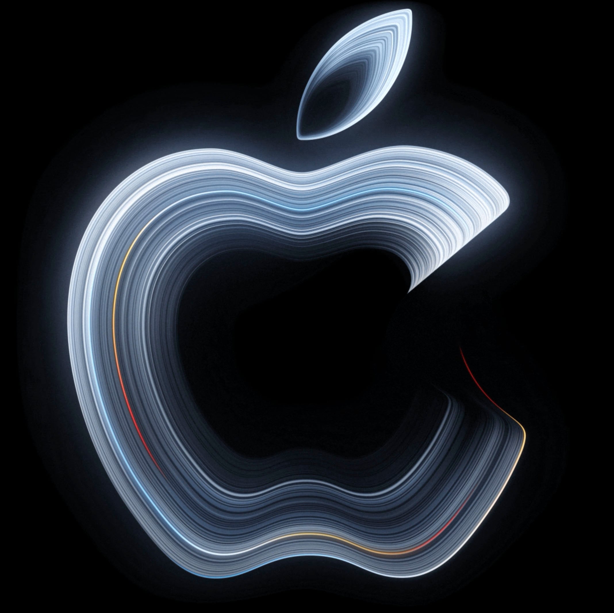 The Apple logo rendered in a stylized, glowing design composed of multiple concentric, light-blue and white circular lines against a black background.