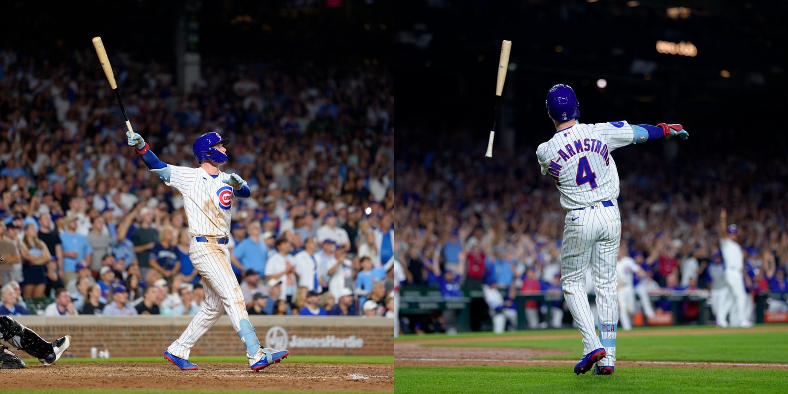 A split-screen view shows a Chicago Cubs baseball player in a pinstriped uniform hitting a ball and then tossing his bat.