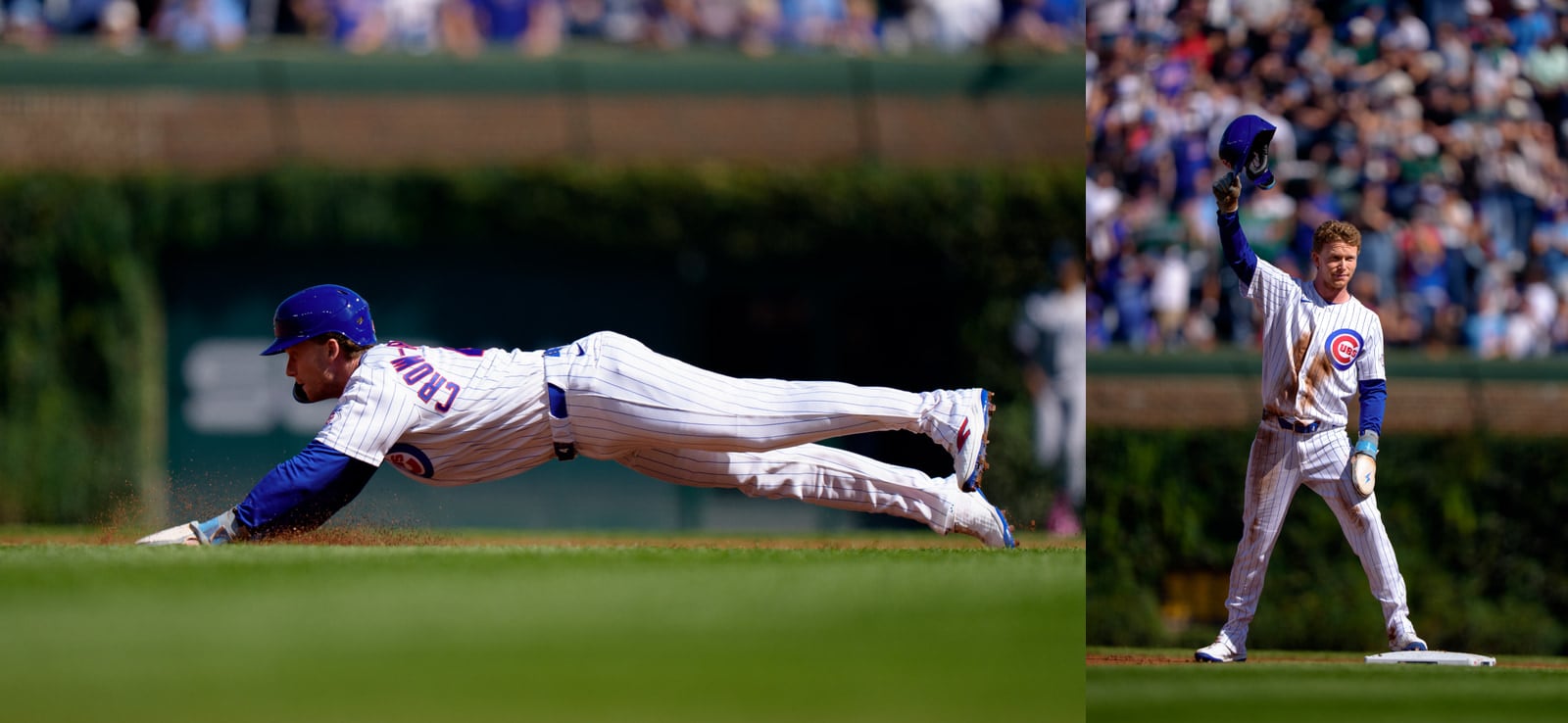 A split-screen view of a Chicago Cubs baseball player diving into a base and then standing on the base while tipping his cap.