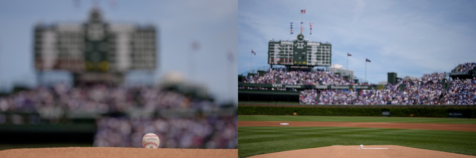 A split-screen view of a baseball sitting on a pitcher's mound at a stadium, with a close-up on the left and a wider view of the field and scoreboard on the right.