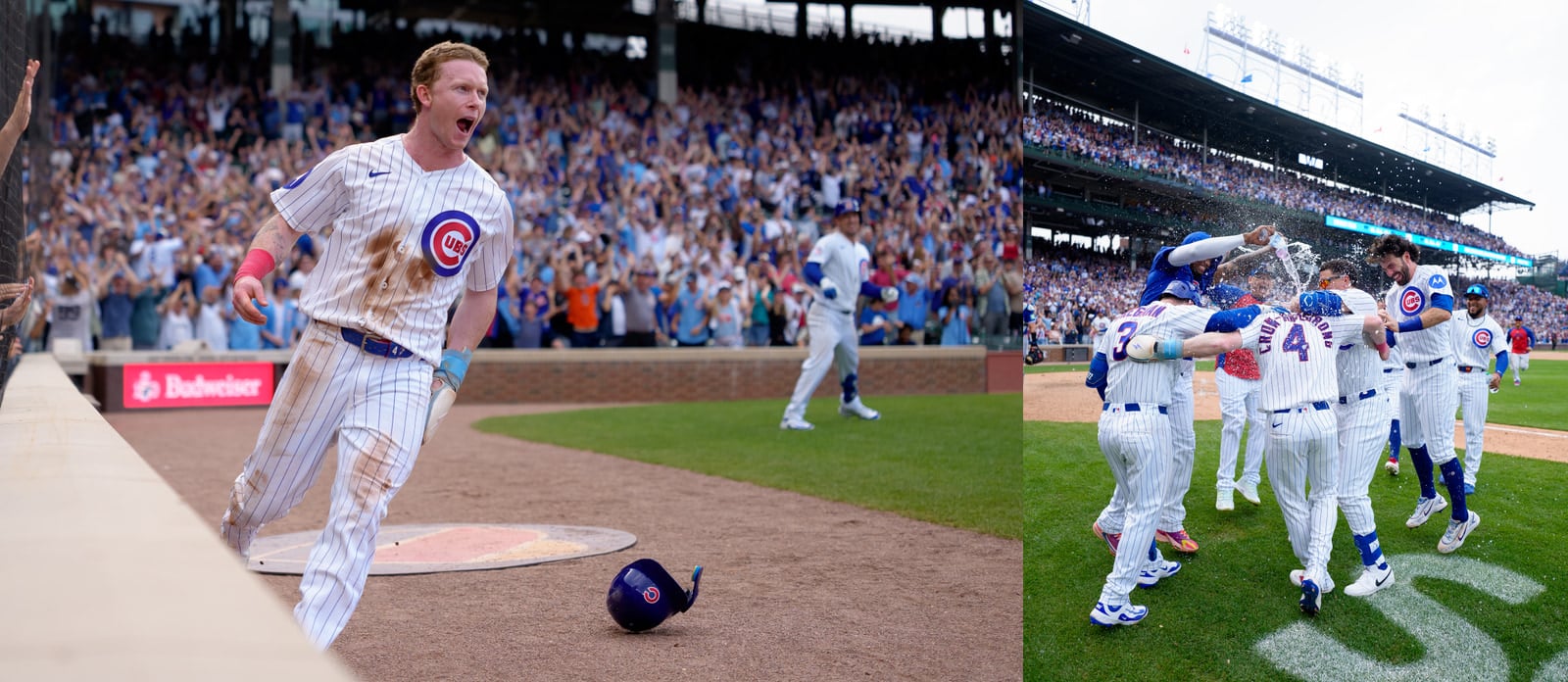 A split-screen view shows a Chicago Cubs baseball player celebrating on the field, while teammates douse another player with water near home plate.