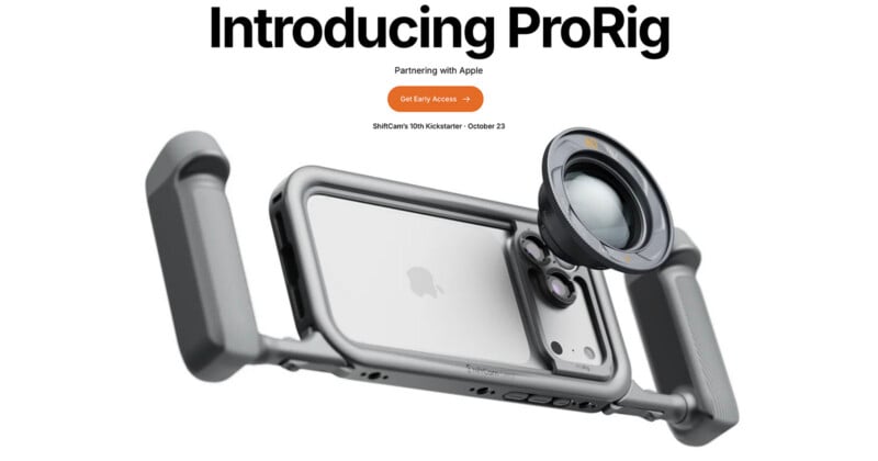 A promotional graphic for the ProRig by ShiftCam, featuring a smartphone mounted in a metal camera cage with two side handles and a large circular lens attachment.