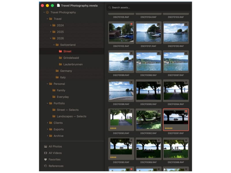A digital asset management software interface showing a file directory on the left and a grid of image thumbnails on the right.