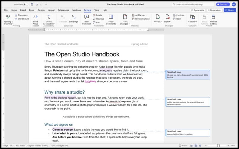 A Microsoft Word document titled "The Open Studio Handbook" with three comments from "WordCraft User" displayed in the right margin.