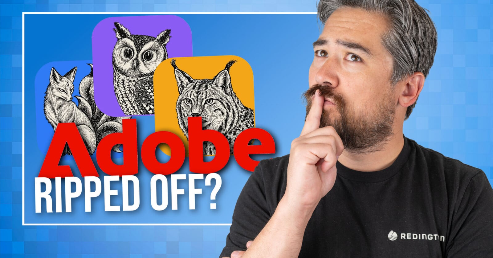 A man with a beard and graying hair looks thoughtfully at the text "Adobe RIPPED OFF?" displayed next to three colorful app icons featuring illustrations of a fox, an owl, and a lynx.