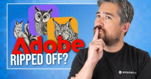 A man with a beard and graying hair looks thoughtfully at the text "Adobe RIPPED OFF?" displayed next to three colorful app icons featuring illustrations of a fox, an owl, and a lynx.