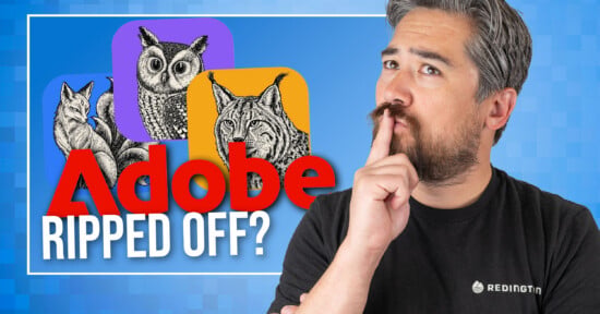 A man with a beard and graying hair looks thoughtfully at the text "Adobe RIPPED OFF?" displayed next to three colorful app icons featuring illustrations of a fox, an owl, and a lynx.
