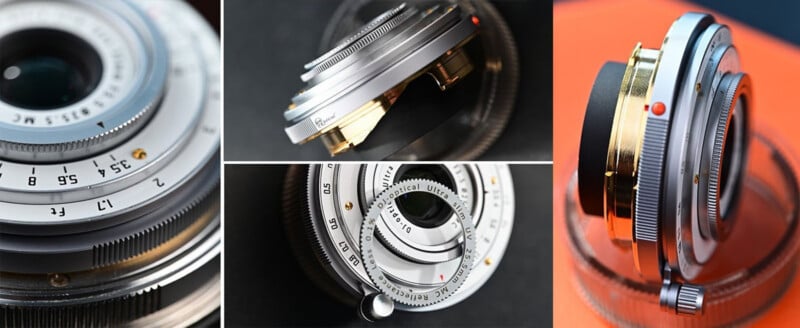 A composite image showing multiple angles of a silver, compact camera lens with gold-colored accents and a small focus lever.