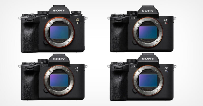 Four Sony Alpha mirrorless cameras arranged in a grid against a light gray background, each labeled with its respective model name.