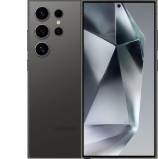 A dark gray smartphone shown from both the back and front, featuring a multi-lens camera array on the rear and a geometric abstract wallpaper on the screen.