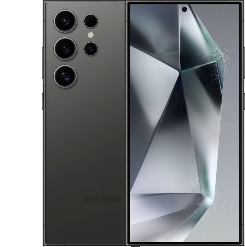 A dark gray smartphone shown from both the back and front, featuring a multi-lens camera array on the rear and a geometric abstract wallpaper on the screen.