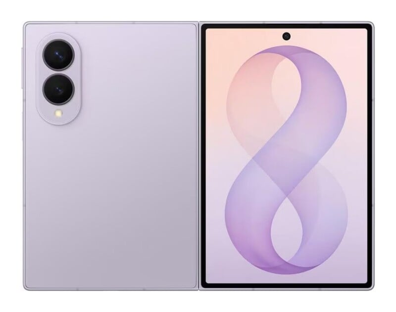 A light purple foldable smartphone shown from both the back and the front, featuring a dual-camera module and a screen displaying an abstract figure-eight design.