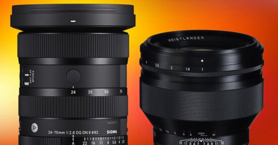 Two camera lenses stand side-by-side against a gradient orange and red background, with the Sigma 24-70mm lens on the left and a Voigtländer lens on the right.