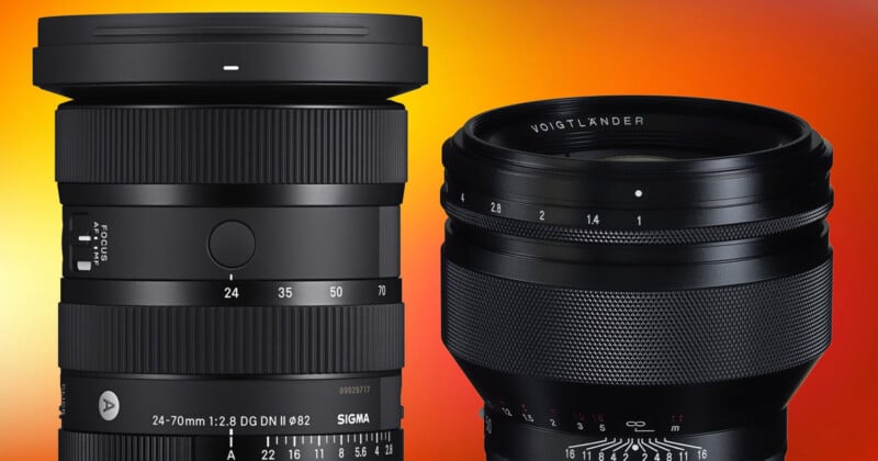 Two camera lenses stand side-by-side against a gradient orange and red background, with the Sigma 24-70mm lens on the left and a Voigtländer lens on the right.